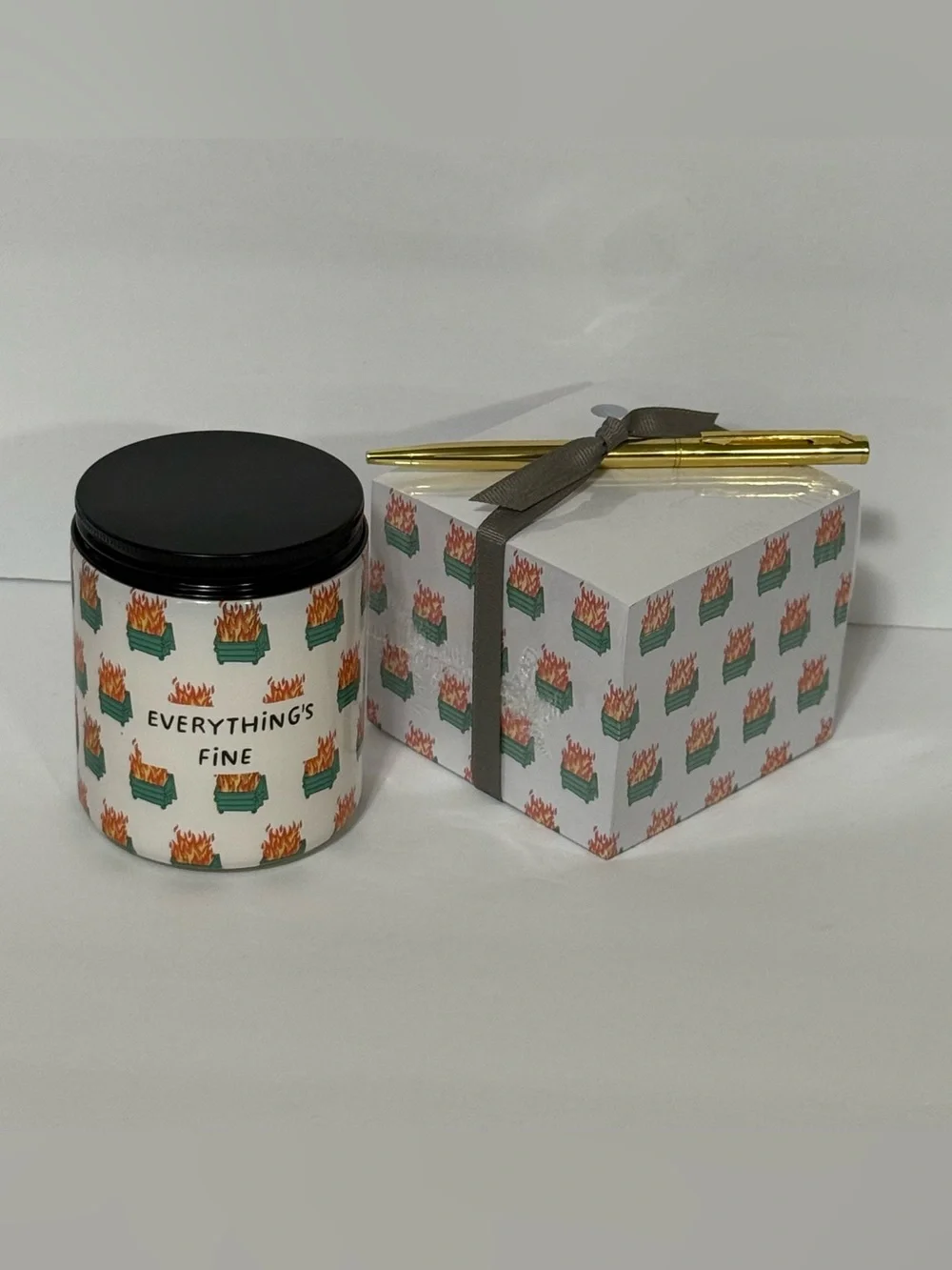 Hallmark Shoebox Dumpster Fire Candle and Tower of Notes Pen Set NWT